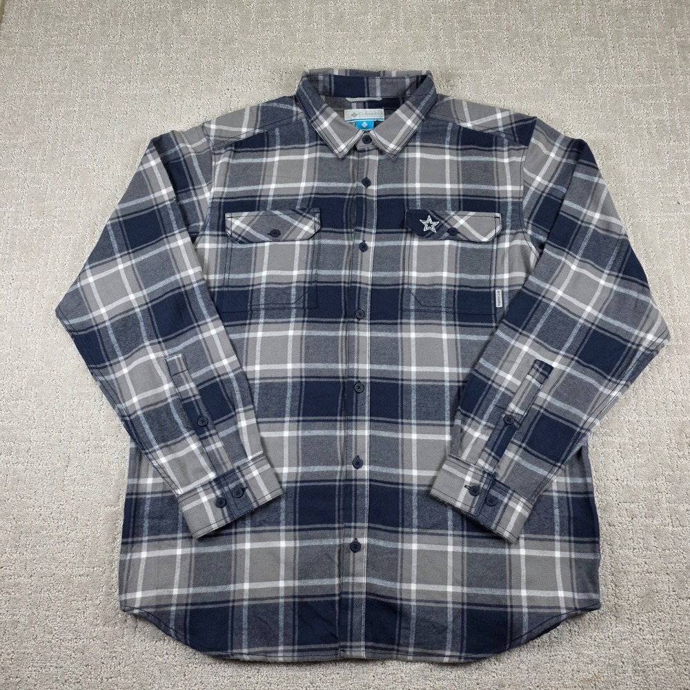 Columbia Men Dallas Cowboys Flannel Shirt Large Navy Blue Grey Plaid Long Sleeve